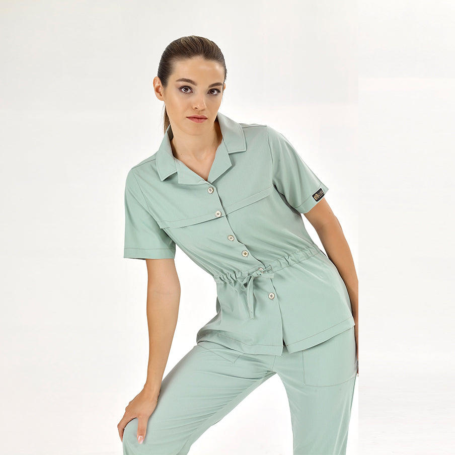 Mint Yeşili Retro Kadın Doktor Hemşire Medikal Scrubs Takım Lüks Likralı Kumaş