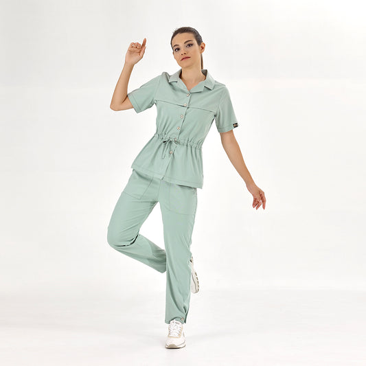 Mint Yeşili Retro Kadın Doktor Hemşire Medikal Scrubs Takım Lüks Likralı Kumaş