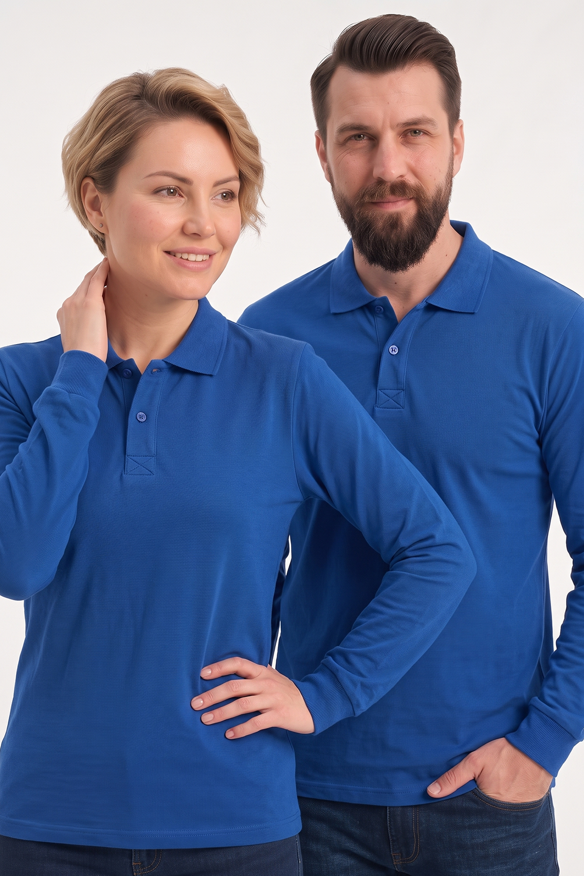 Saks Mavisi Polo Yaka Uzun Kol İş Sweatshirtü Penye Lacoste Kumaş