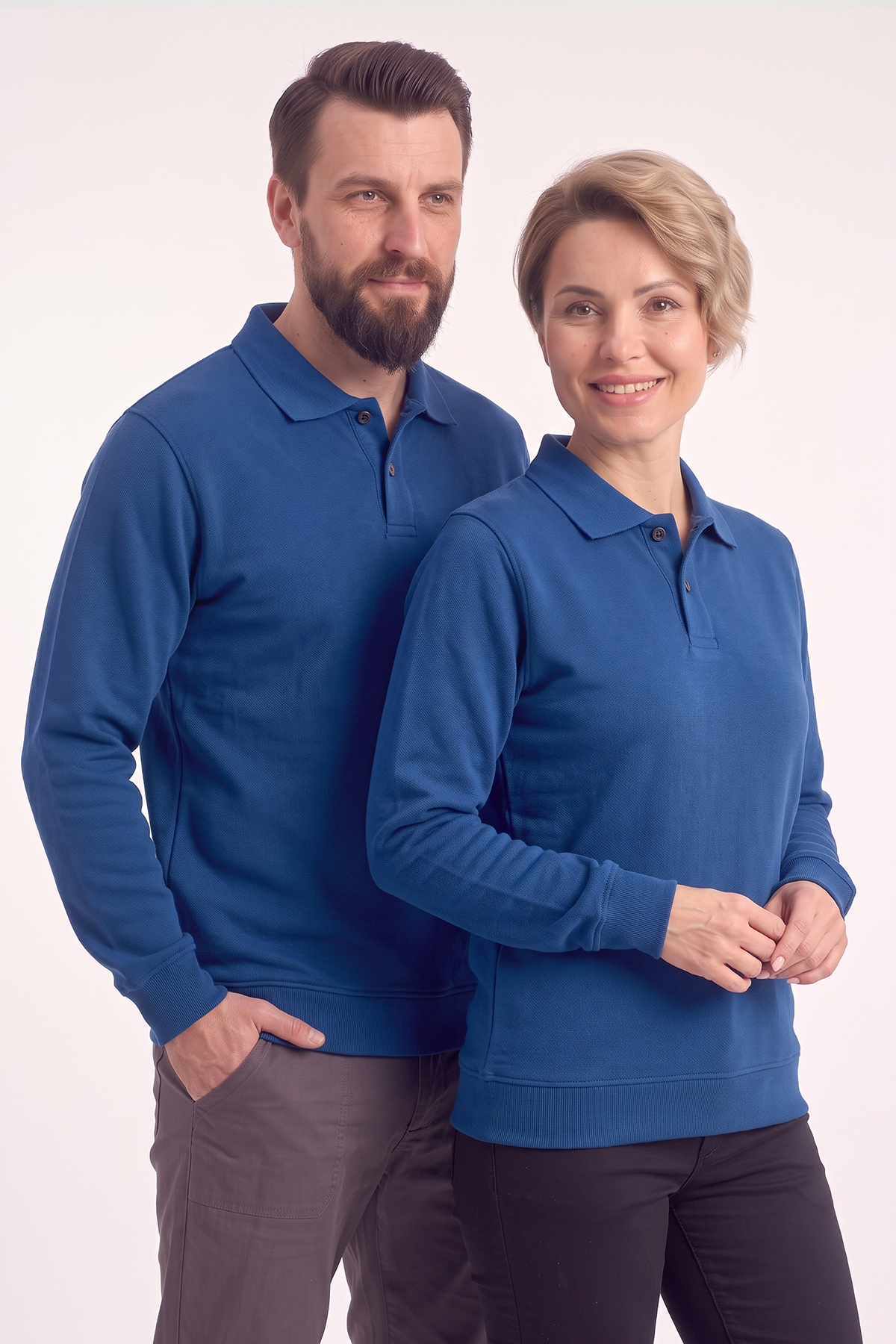 Saks Mavisi Polo Yaka İş Sweatshirt 3 İplik Şardonlu