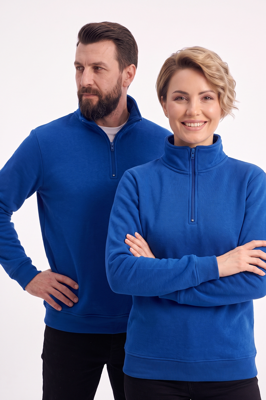 Saks Mavisi Dik Yaka Yarım Fermuarlı İş Sweatshirt 3 İplik Şardonlu
