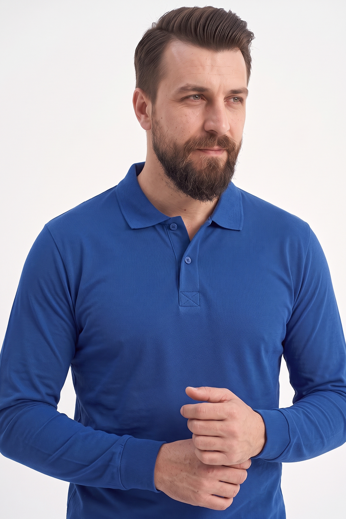 Saks Mavisi Polo Yaka Uzun Kol İş Sweatshirtü Penye Lacoste Kumaş