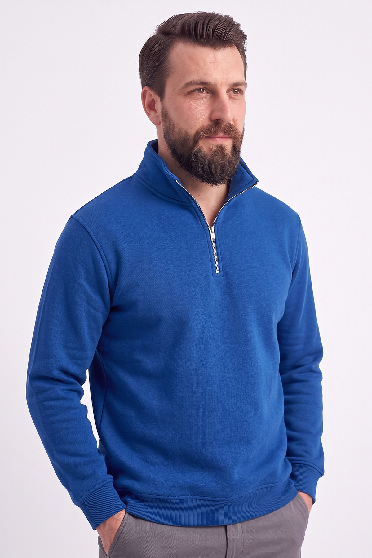 Saks Mavisi Dik Yaka Yarım Fermuarlı İş Sweatshirt 3 İplik Şardonlu