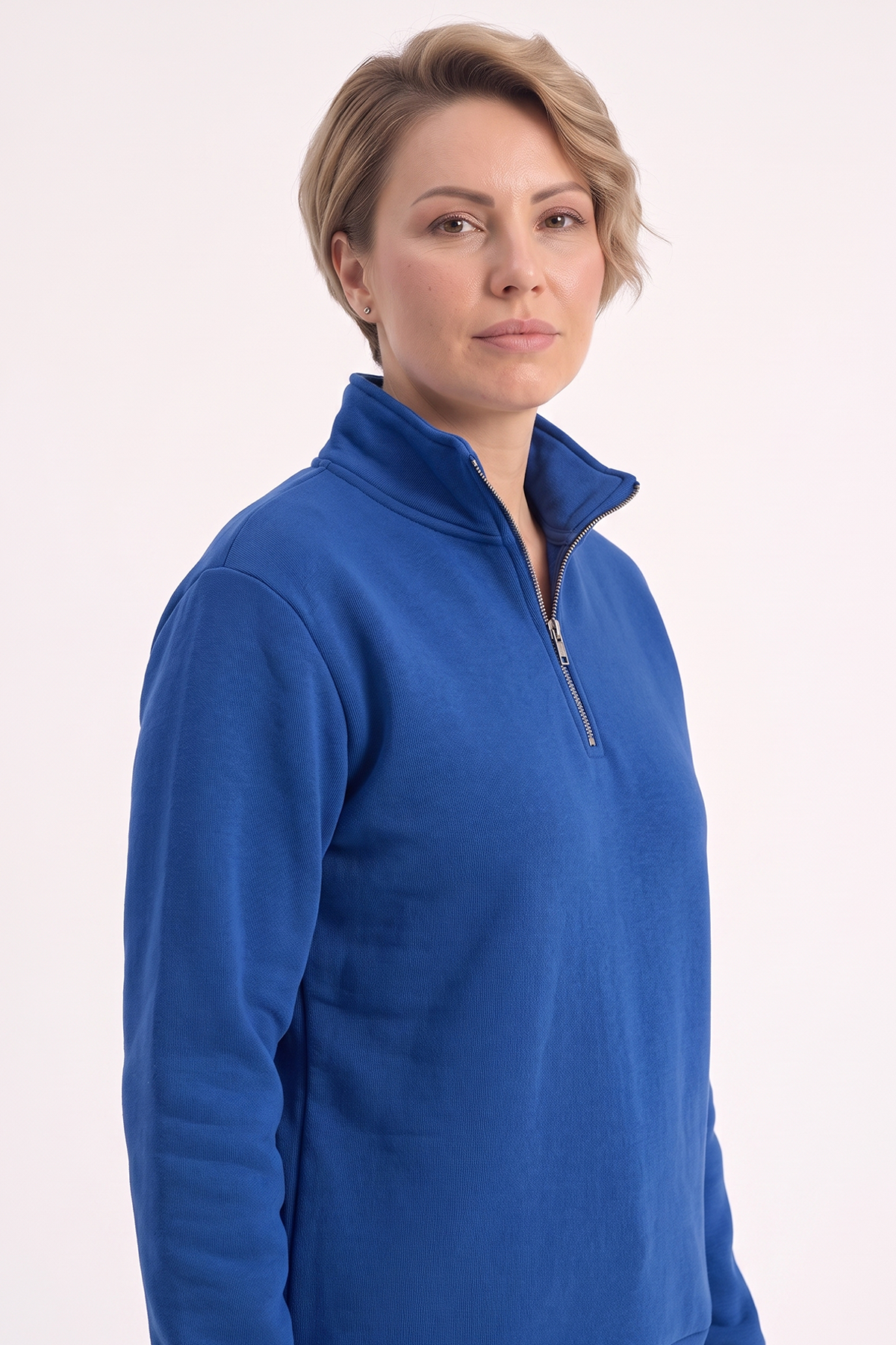 Saks Mavisi Dik Yaka Yarım Fermuarlı İş Sweatshirt 3 İplik