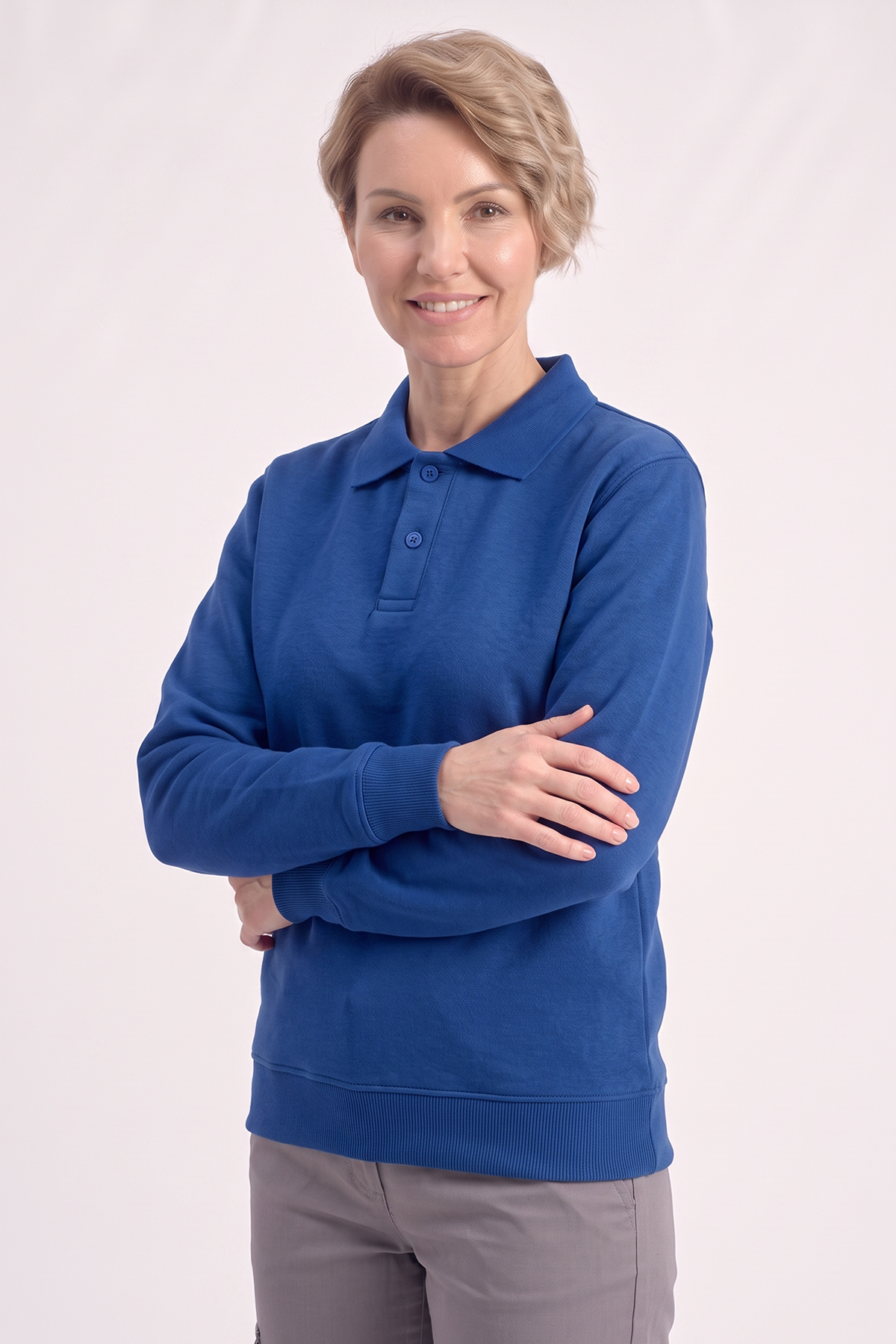Saks Mavisi Polo Yaka İş Sweatshirt 3 İplik Şardonlu