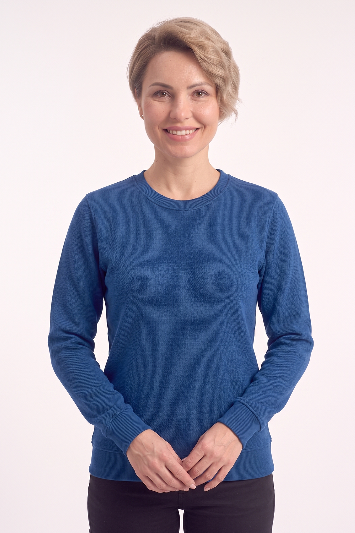 Saks Mavisi Yuvarlak Yaka İş Sweatshirt 2 İplik