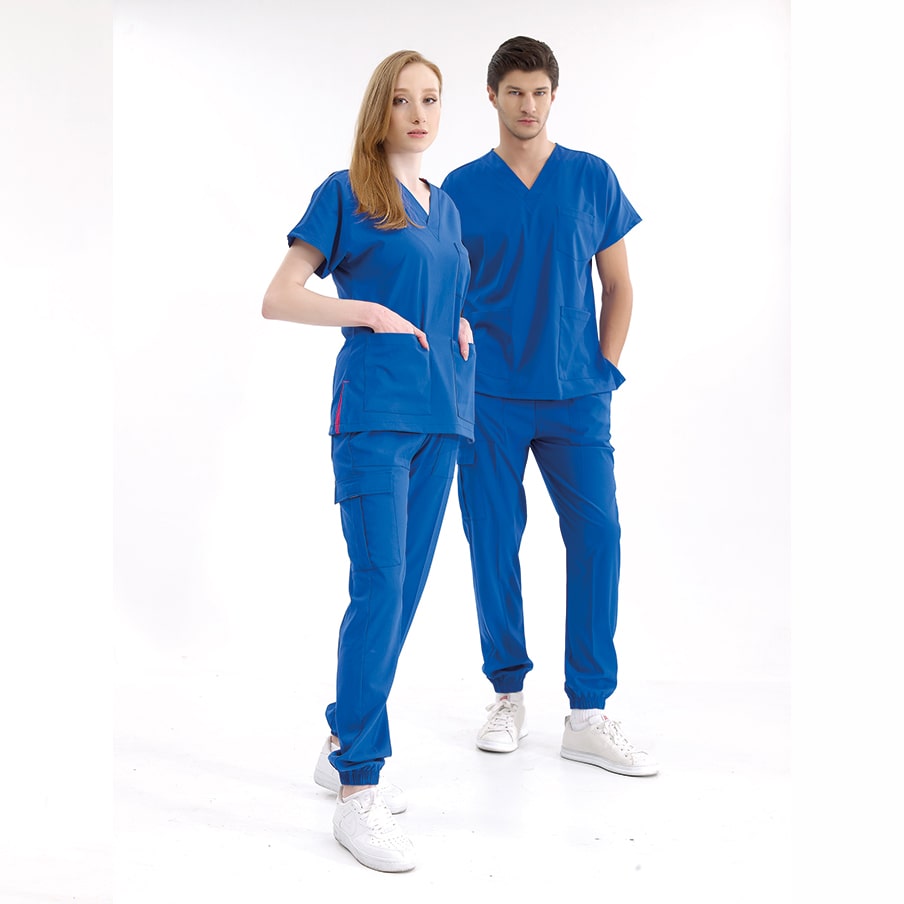 Saks Mavisi Jogger Doktor Hemşire Medikal Scrubs Takım Lüks Likralı Kumaş