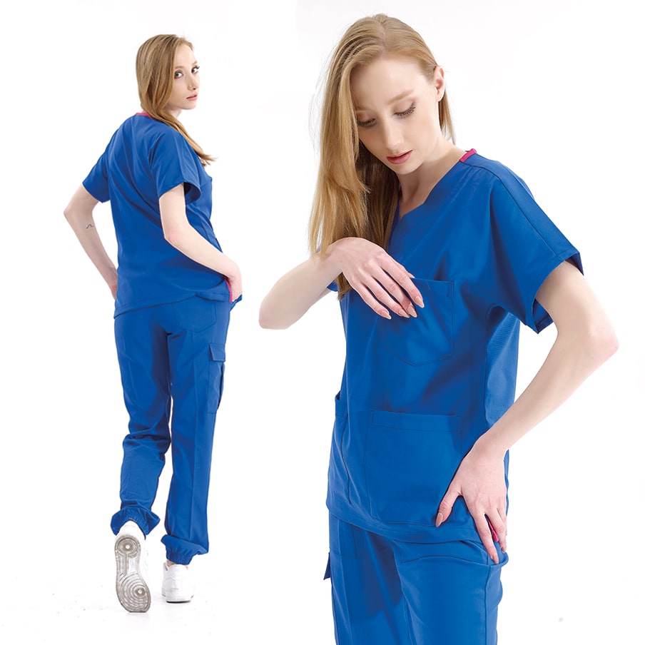 Saks Mavisi Jogger Doktor Hemşire Medikal Scrubs Takım Lüks Likralı Kumaş