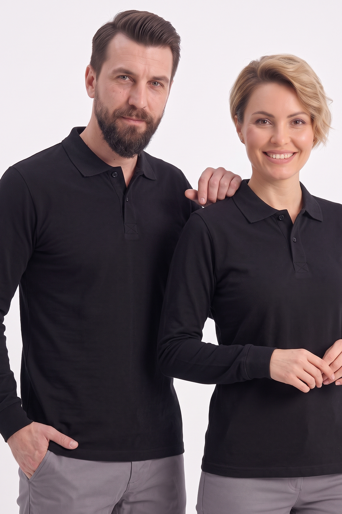 Siyah Polo Yaka Uzun Kol İş Sweatshirtü Penye Lacoste Kumaş