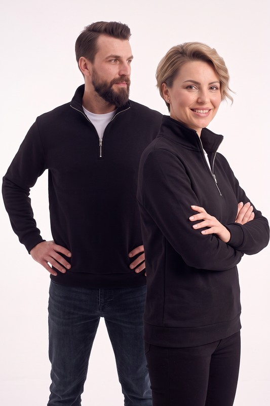 Siyah Dik Yaka Yarım Fermuarlı İş Sweatshirt 3 İplik