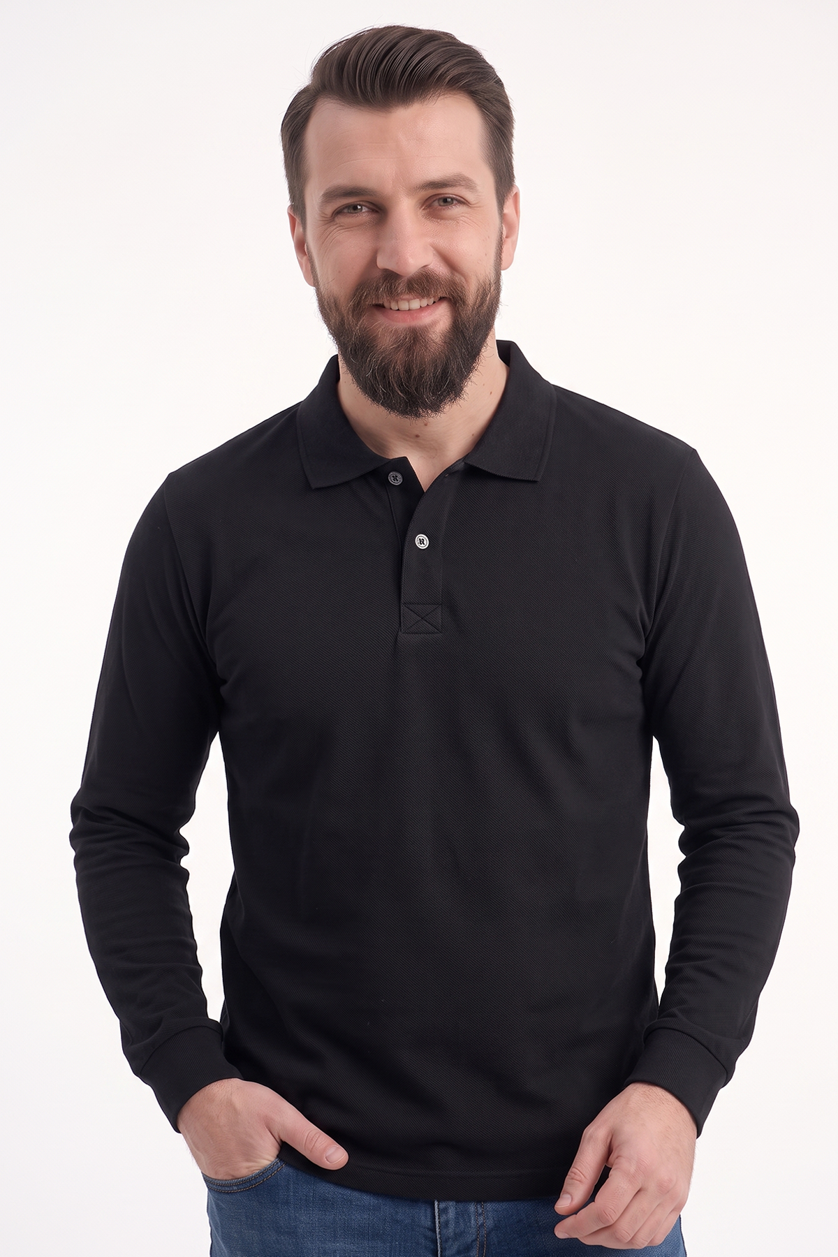 Siyah Polo Yaka Uzun Kol İş Sweatshirtü Penye Lacoste Kumaş