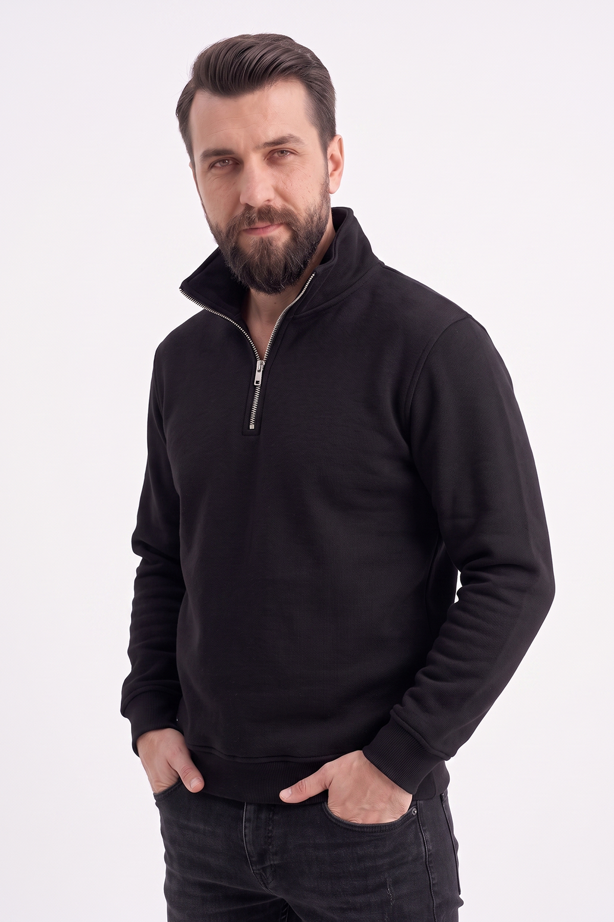Siyah Dik Yaka Yarım Fermuarlı İş Sweatshirt 3 İplik Şardonlu