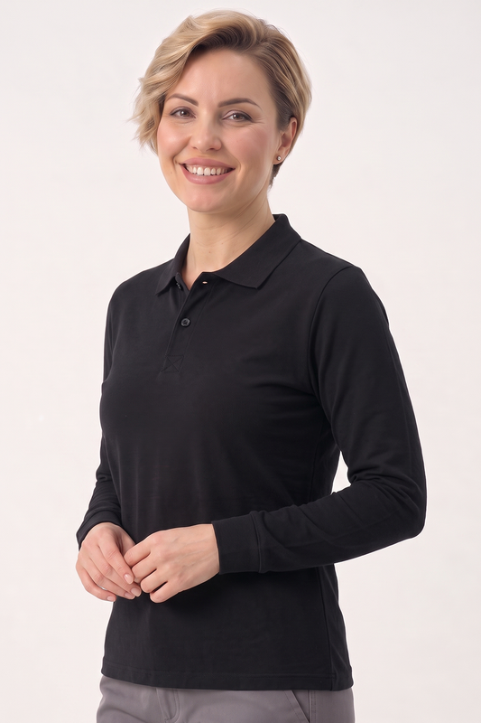 Siyah Polo Yaka Uzun Kol İş Sweatshirtü Penye Lacoste Kumaş