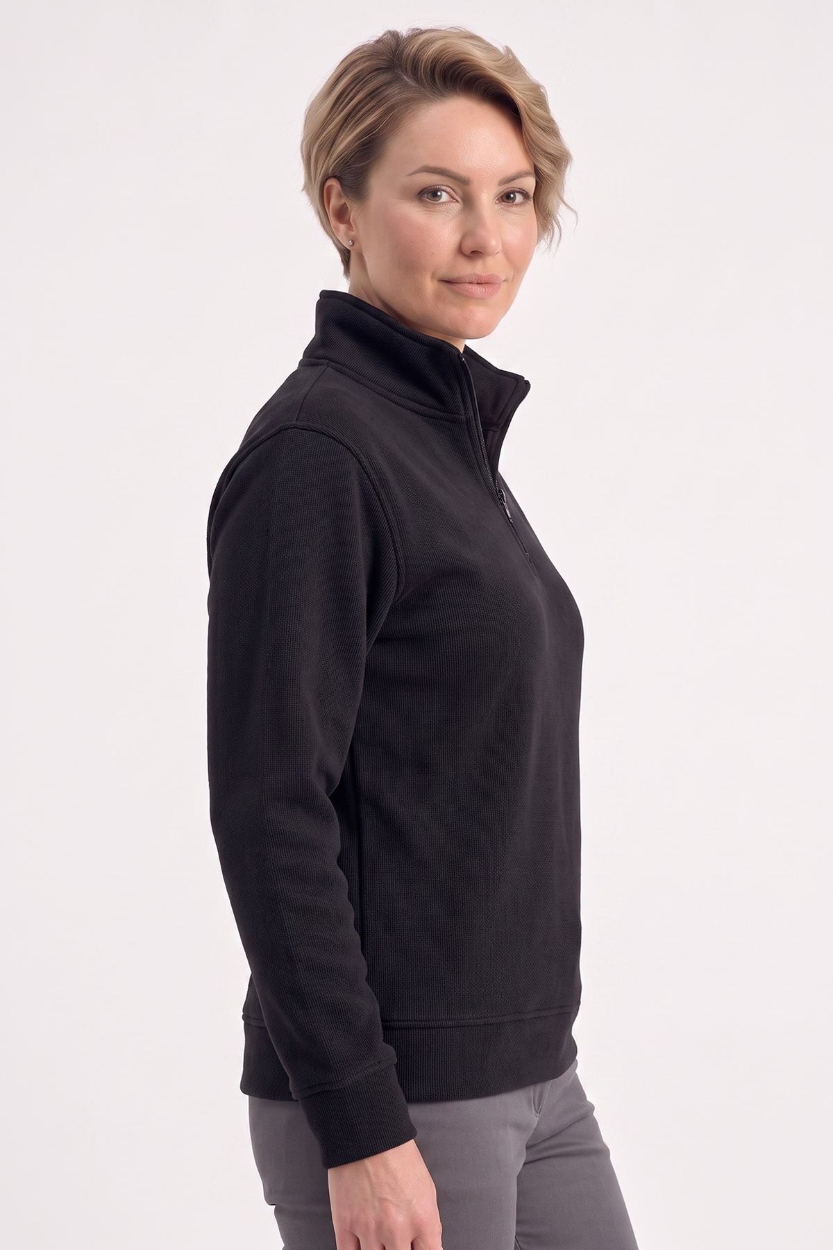 Siyah Dik Yaka Yarım Fermuarlı İş Sweatshirt 3 İplik Şardonlu