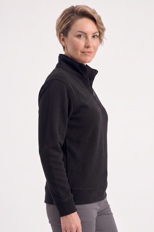 Siyah Dik Yaka Yarım Fermuarlı İş Sweatshirt 3 İplik Şardonlu