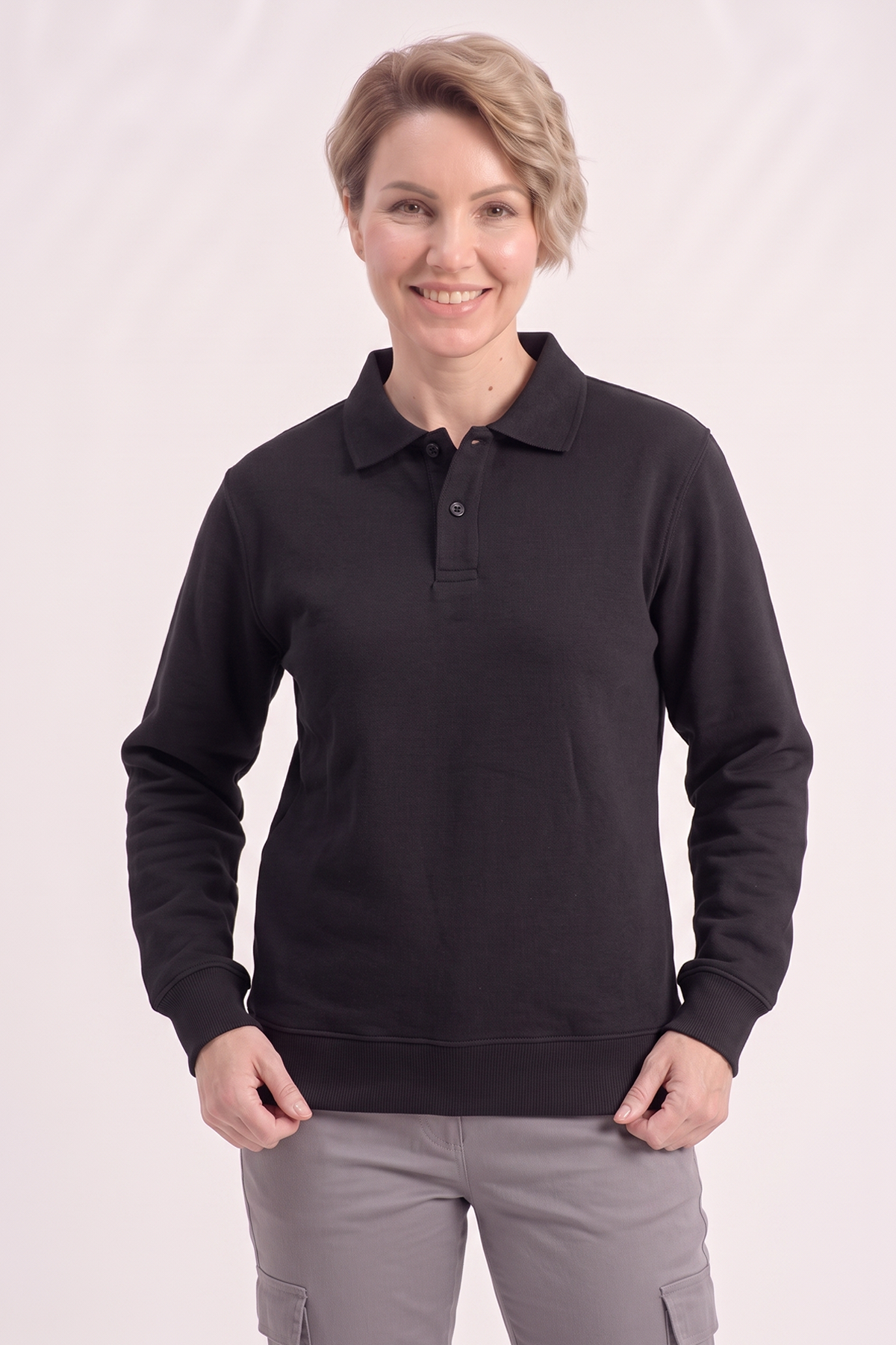 Siyah Polo Yaka İş Sweatshirt 3 İplik Şardonlu
