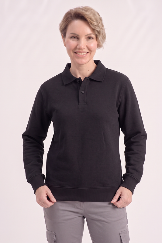 Siyah Polo Yaka İş Sweatshirt 3 İplik Şardonlu