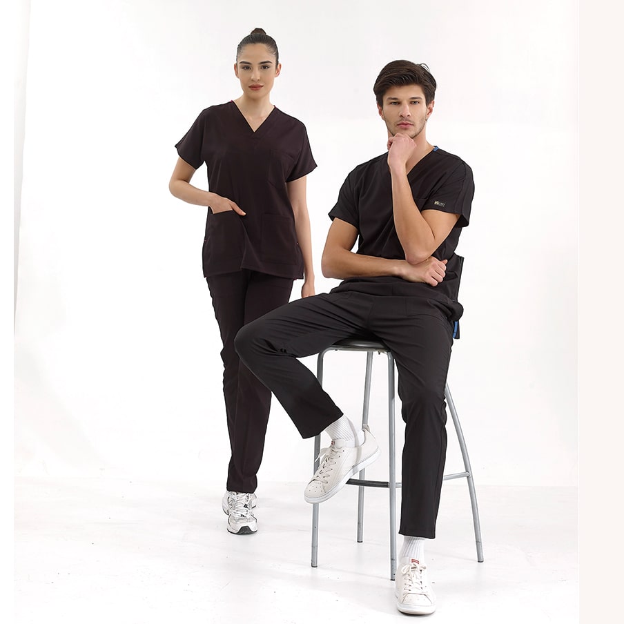 Siyah Dr. Greys Doktor Hemşire Medikal Scrubs Takım Lüks Likralı Kumaş