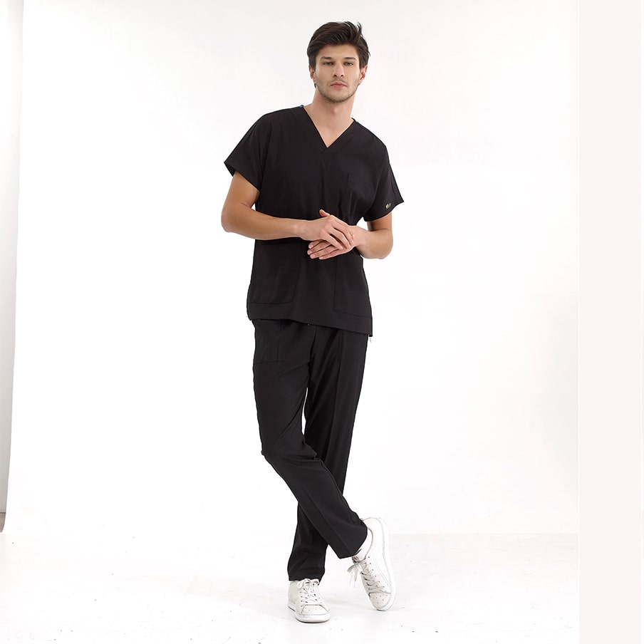 Siyah Dr. Greys Doktor Hemşire Medikal Scrubs Takım Lüks Likralı Kumaş