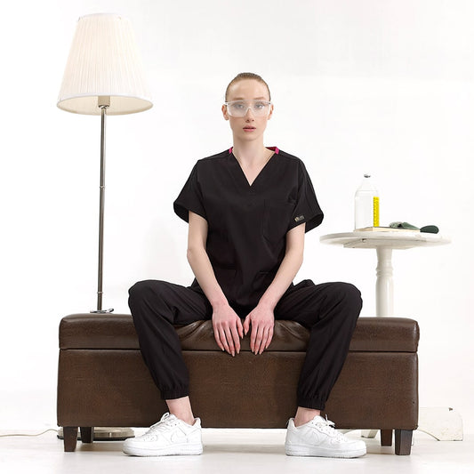 Siyah Jogger Doktor Hemşire Medikal Scrubs Takım Lüks Likralı Kumaş