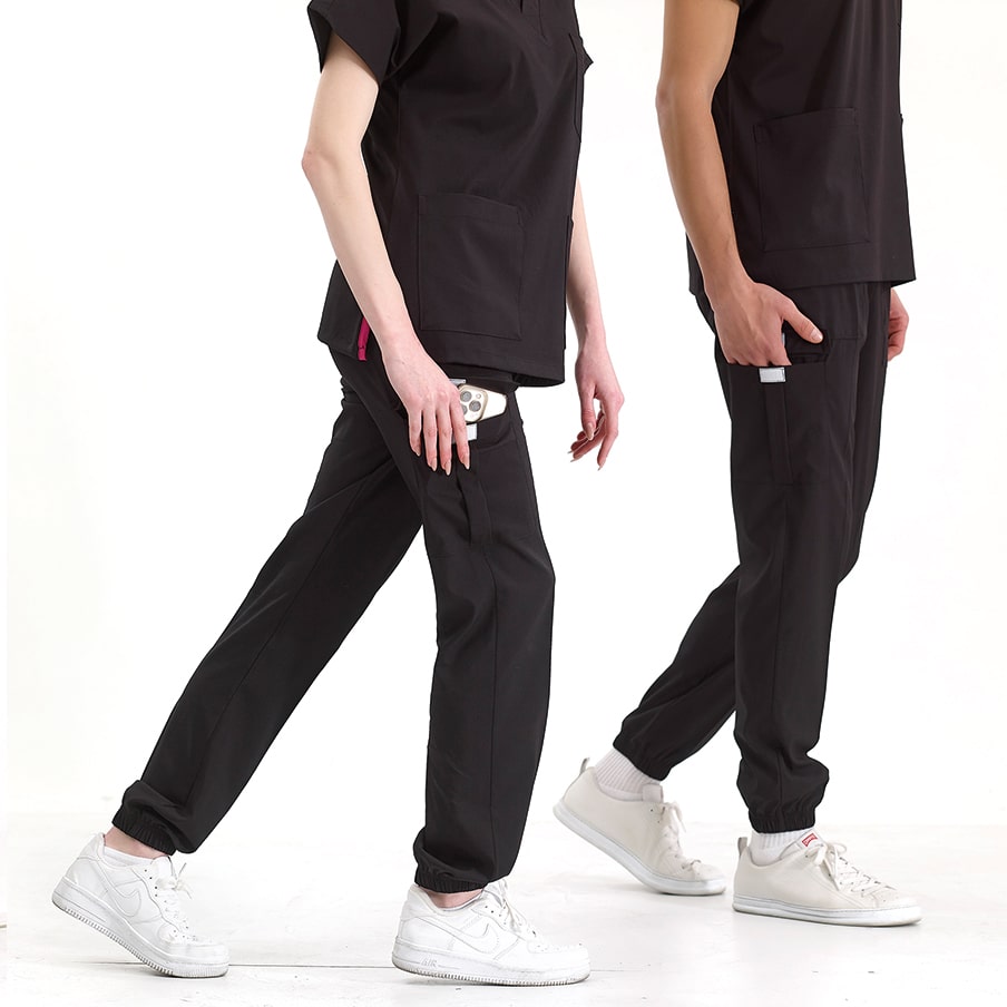 Siyah Jogger Doktor Hemşire Medikal Scrubs Takım Lüks Likralı Kumaş