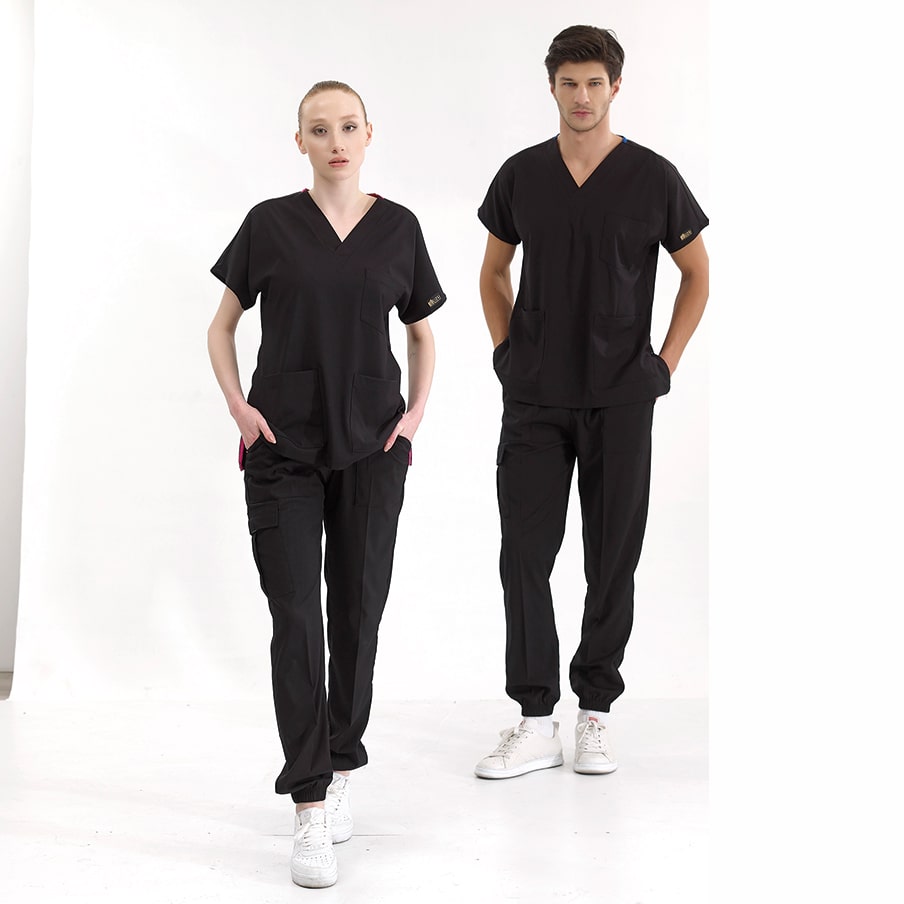Siyah Jogger Doktor Hemşire Medikal Scrubs Takım Lüks Likralı Kumaş