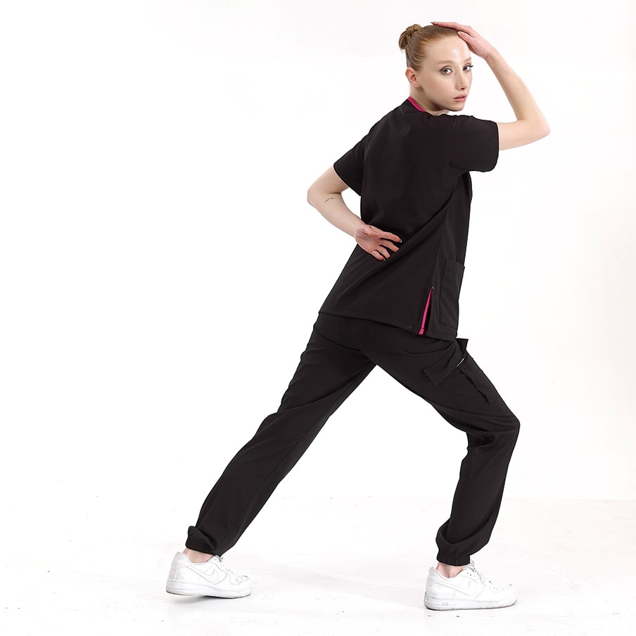 Siyah Jogger Doktor Hemşire Medikal Scrubs Takım Lüks Likralı Kumaş