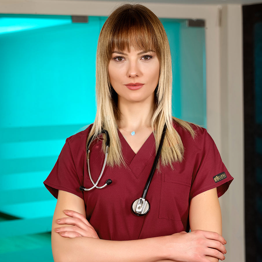 Bordo Dr. Greys Doktor Hemşire Medikal Scrubs Takım Terikoton Kumaş