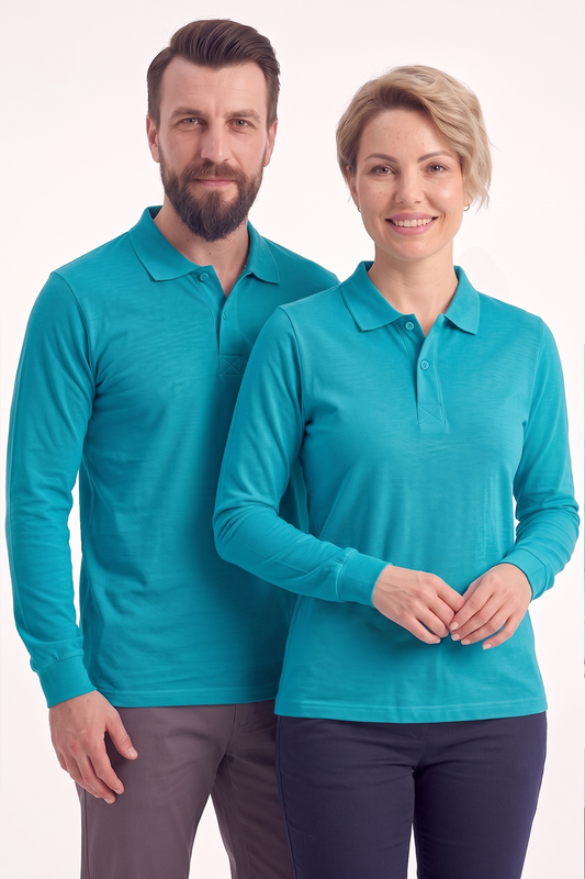 Turkuaz Polo Yaka Uzun Kol İş Sweatshirtü Penye Lacoste Kumaş