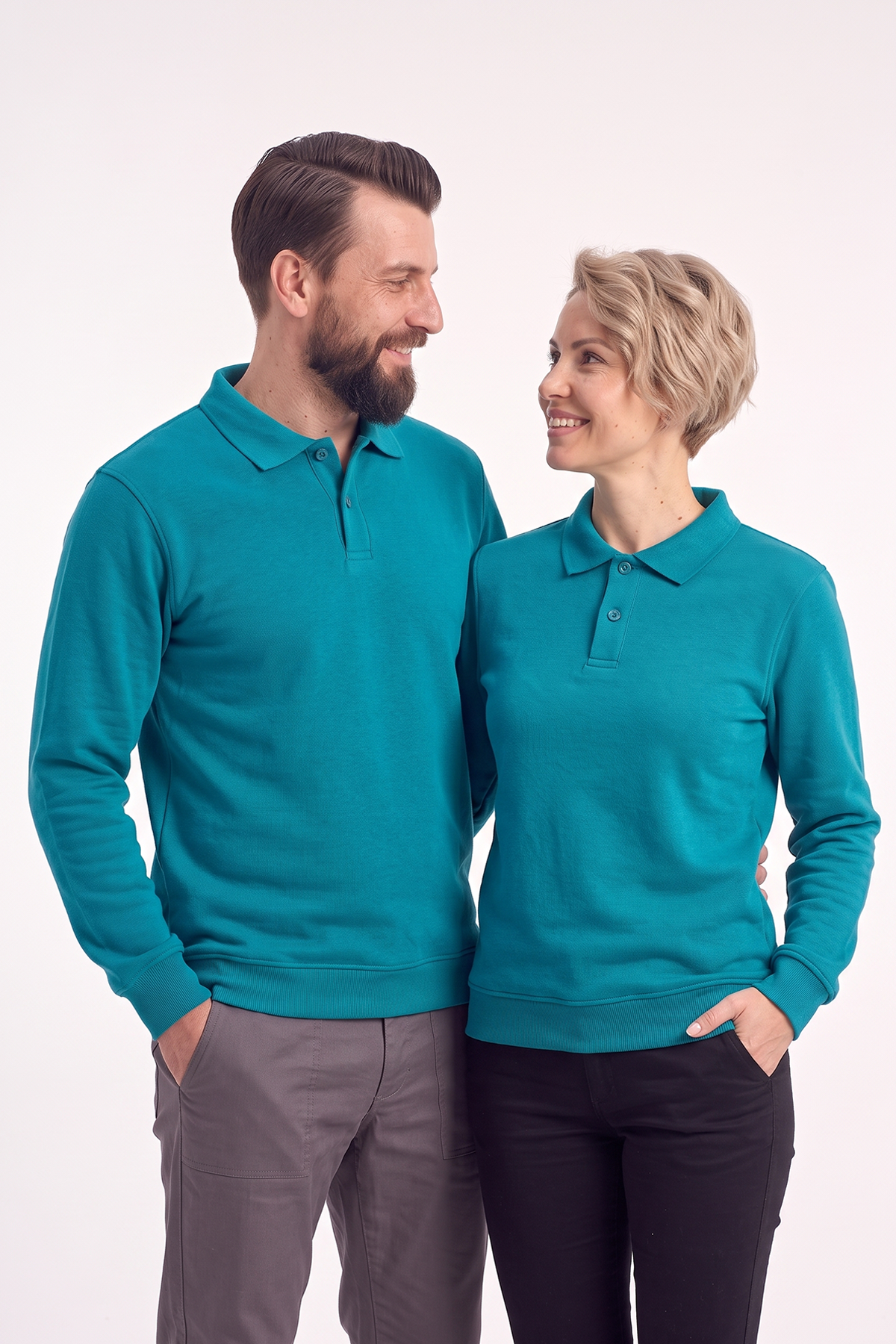 Turkuaz Polo Yaka İş Sweatshirt 3 İplik Şardonlu