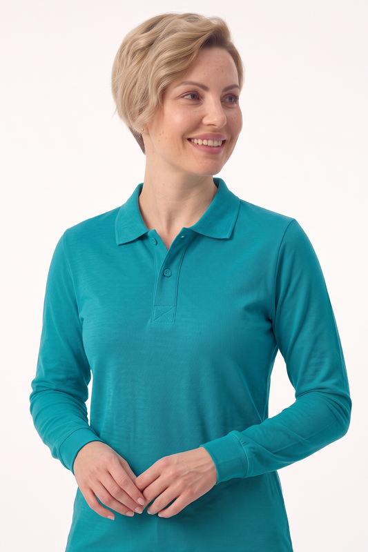 Turkuaz Polo Yaka Uzun Kol İş Sweatshirtü Penye Lacoste Kumaş