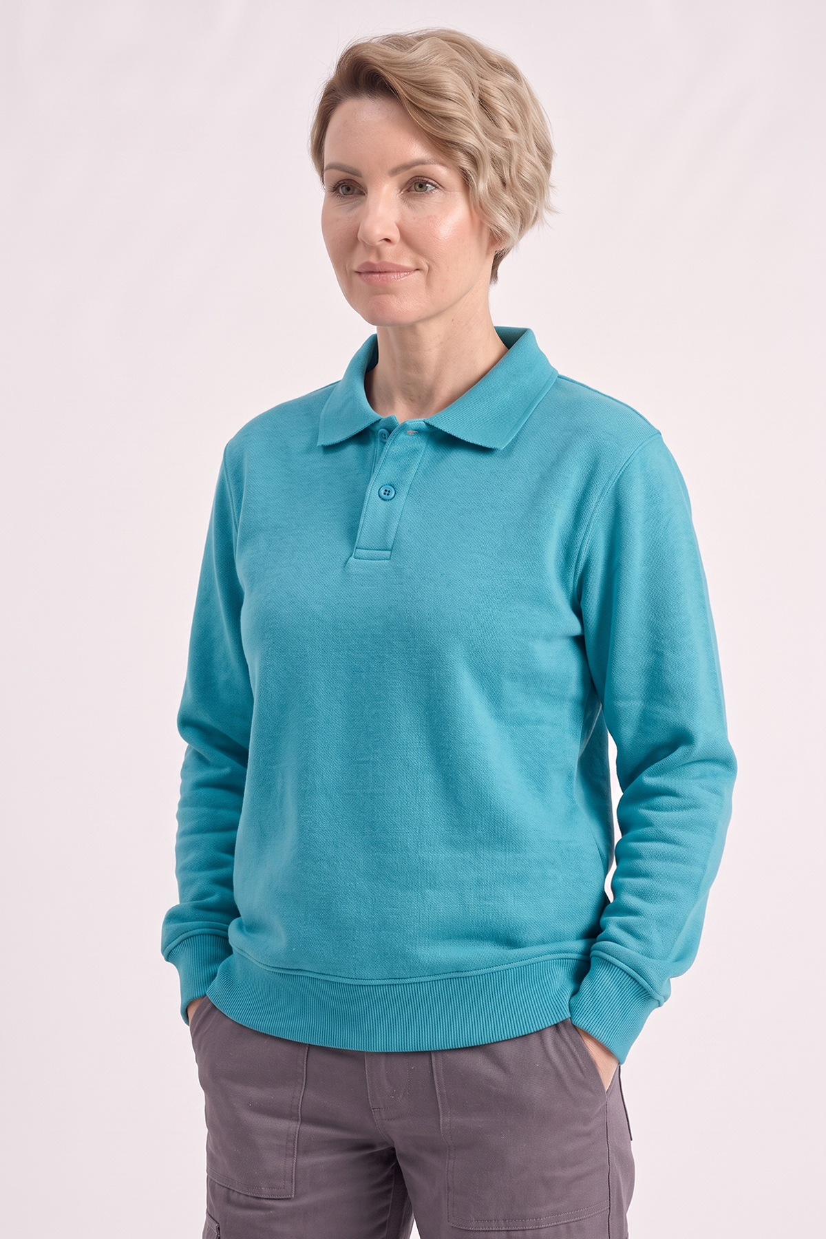 Turkuaz Polo Yaka İş Sweatshirt 3 İplik Şardonlu
