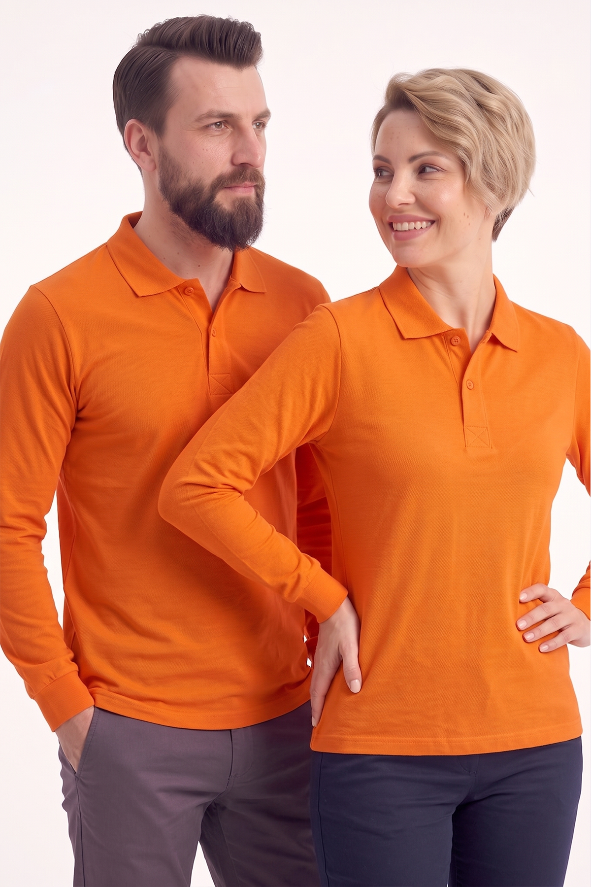 Turuncu Polo Yaka Uzun Kol İş Sweatshirtü Penye Lacoste Kumaş