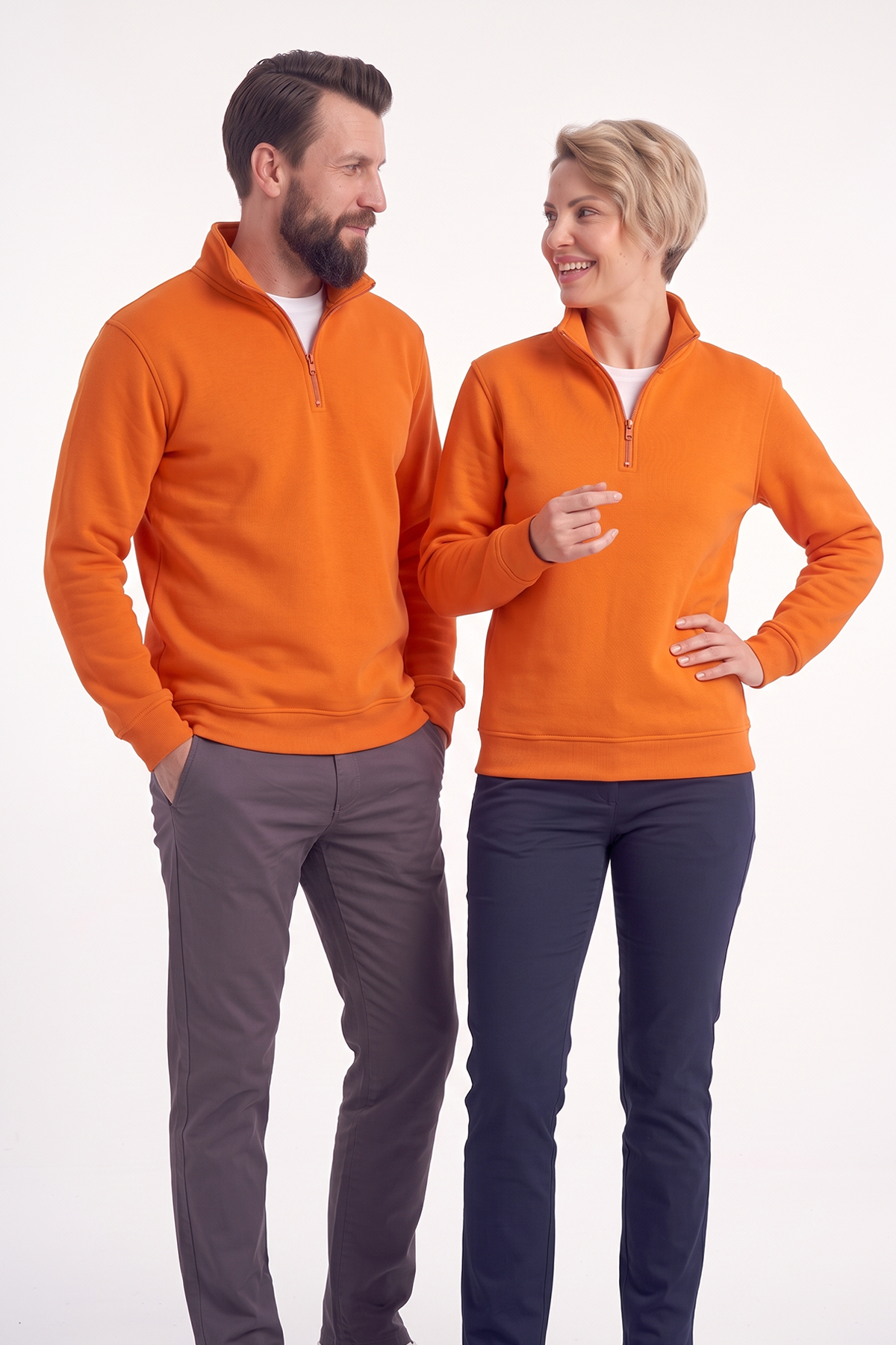 Turuncu Dik Yaka Yarım Fermuarlı İş Sweatshirt 3 İplik