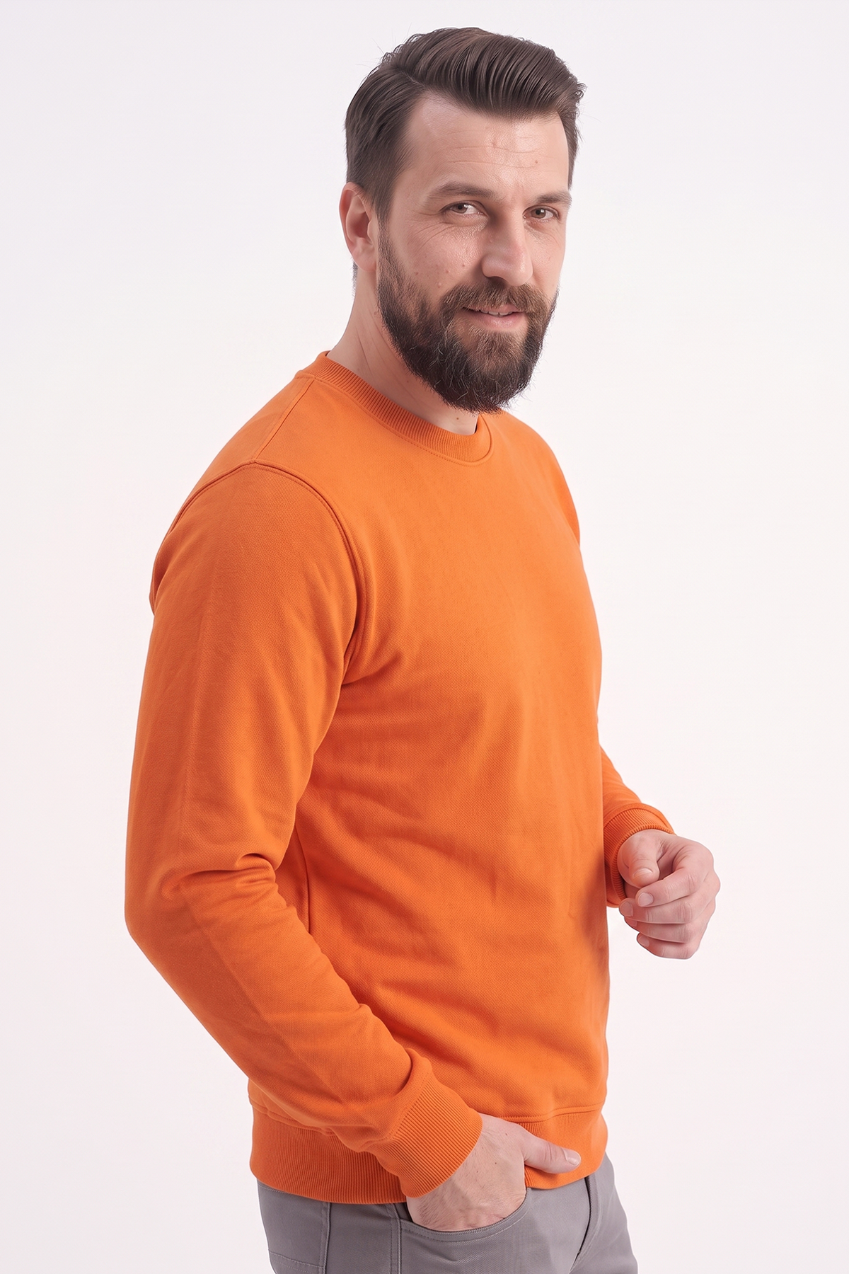 Turuncu Yuvarlak Yaka İş Sweatshirt 2 İplik