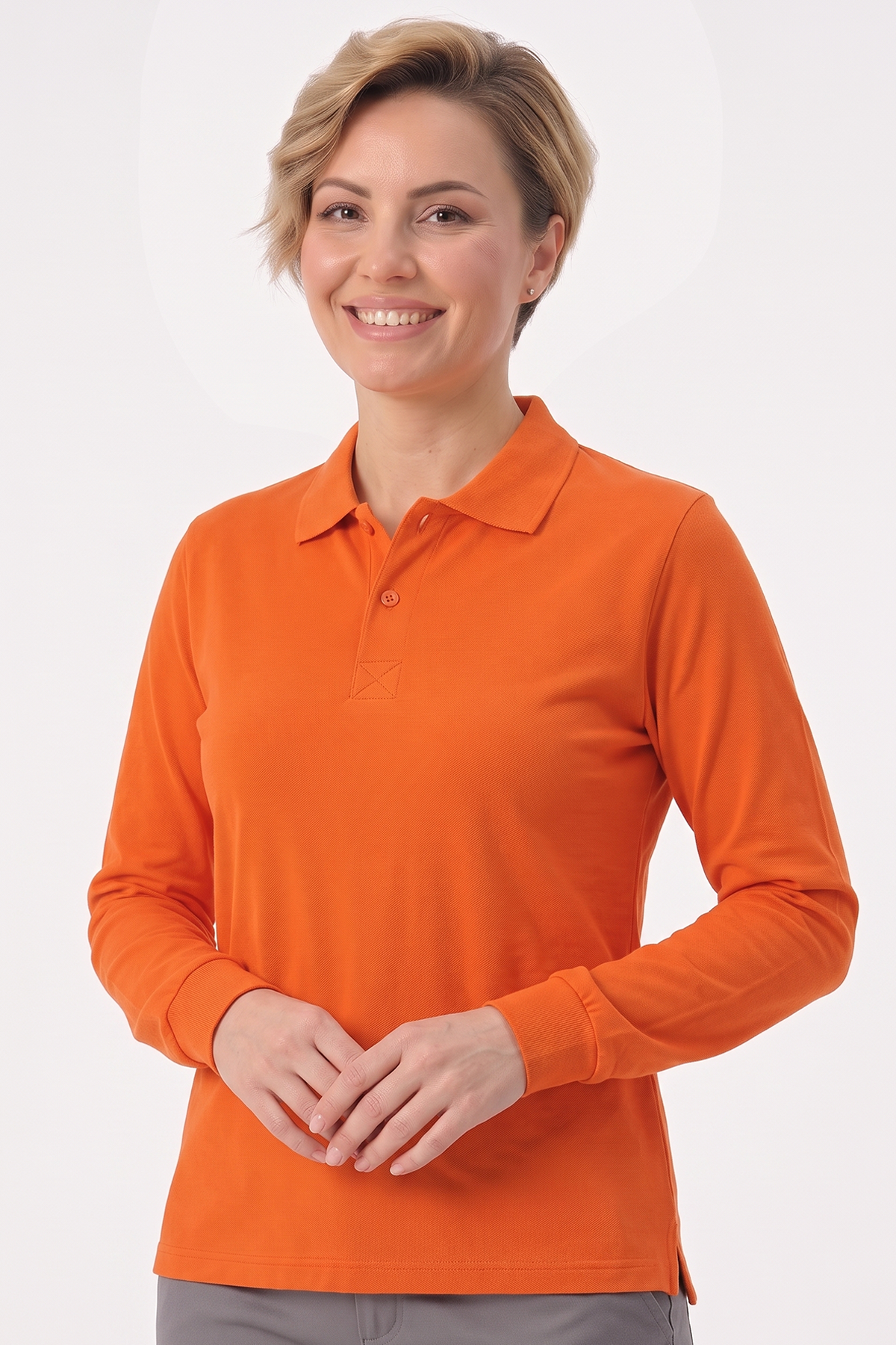 Turuncu Polo Yaka Uzun Kol İş Sweatshirtü Penye Lacoste Kumaş
