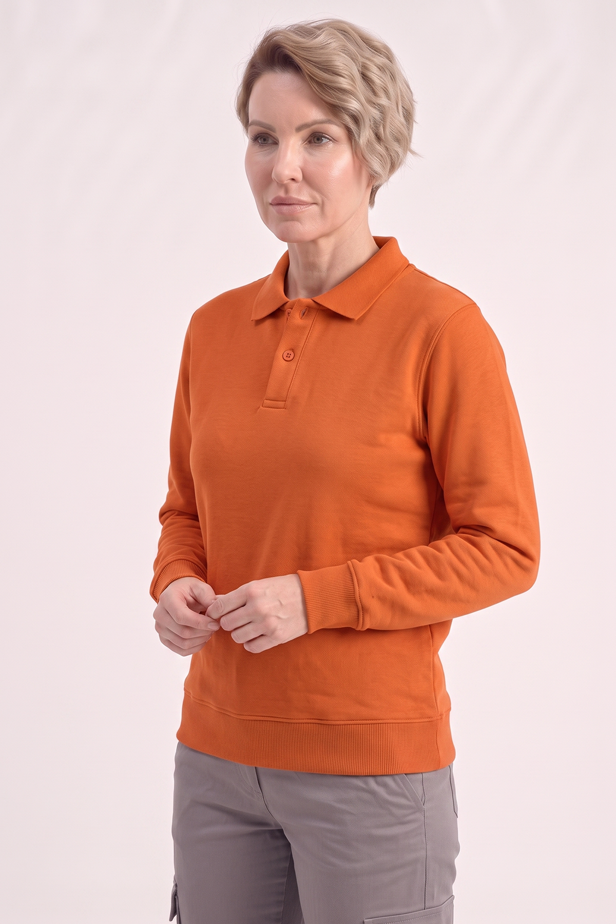 Turuncu Polo Yaka İş Sweatshirt 3 İplik Şardonlu
