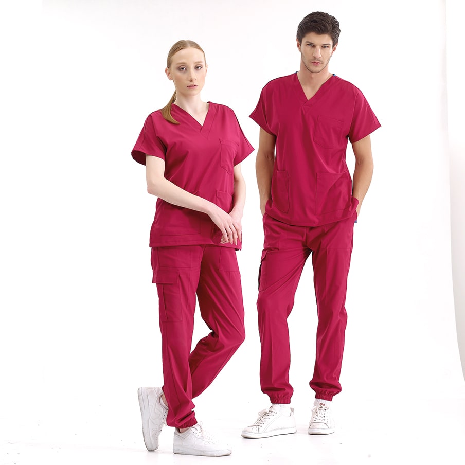 Vişne Jogger Doktor Hemşire Medikal Scrubs Takım Lüks Likralı Kumaş