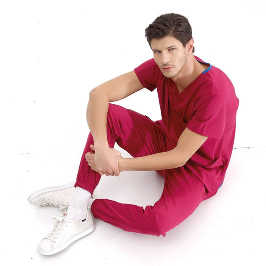 Vişne Jogger Doktor Hemşire Medikal Scrubs Takım Lüks Likralı Kumaş