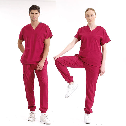 Vişne Jogger Doktor Hemşire Medikal Scrubs Takım Lüks Likralı Kumaş