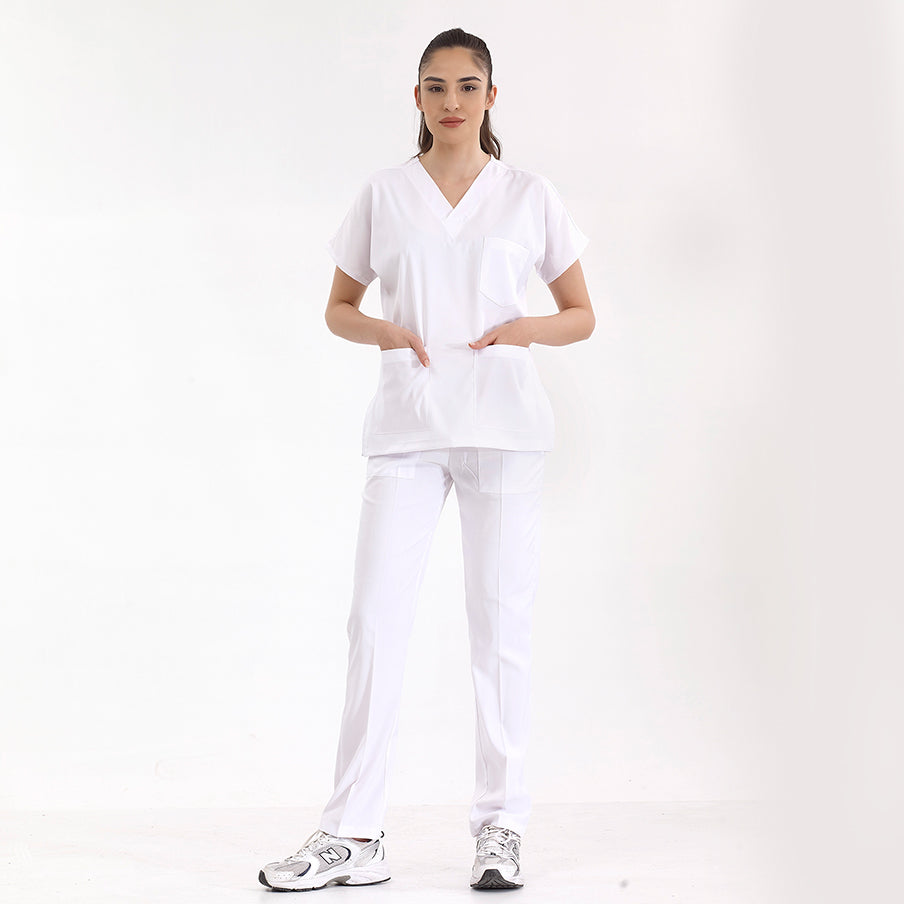 Beyaz Dr. Greys Doktor Hemşire Medikal Scrubs Takım Lüks Likralı Kumaş