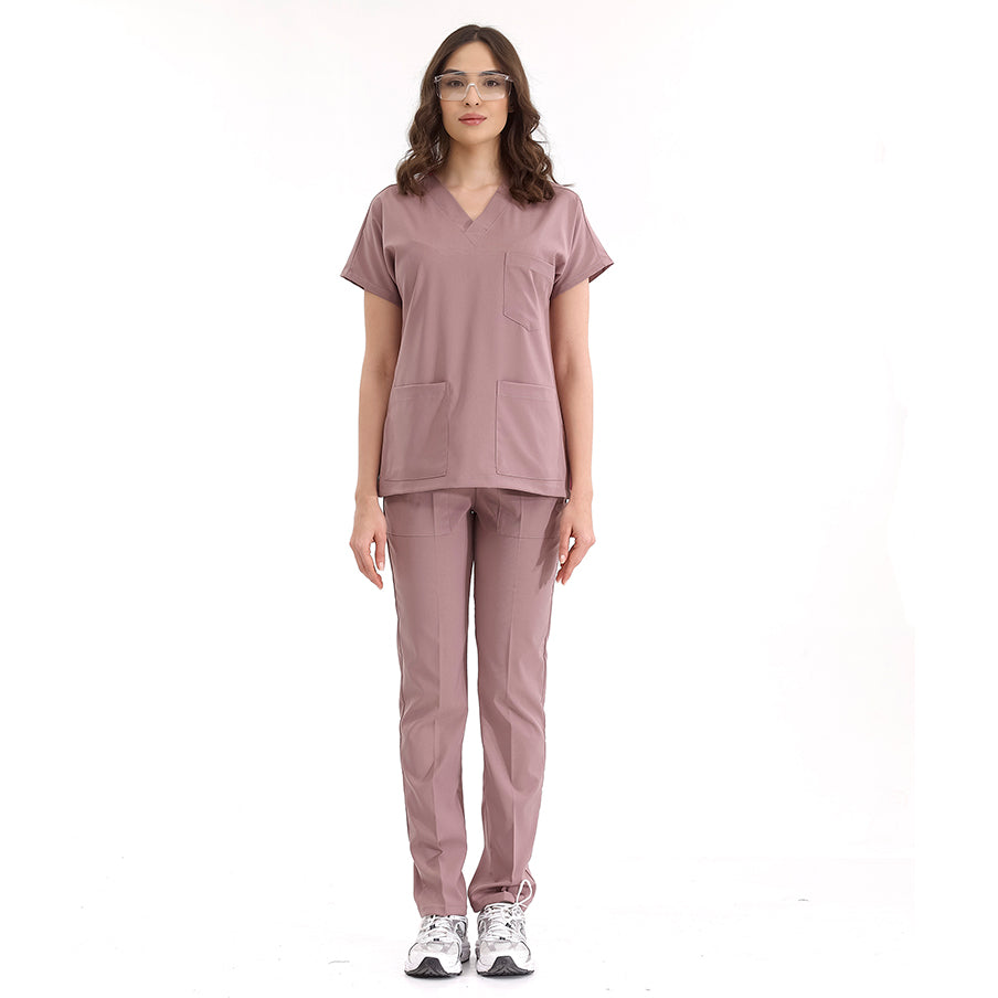 Gül Kurusu Dr. Greys Doktor Hemşire Medikal Scrubs Takım Lüks Likralı Kumaş