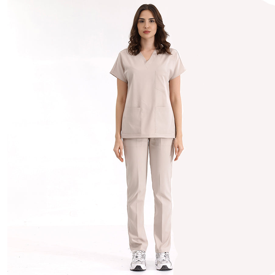 Krem Dr. Greys Doktor Hemşire Medikal Scrubs Takım Lüks Likralı Kumaş