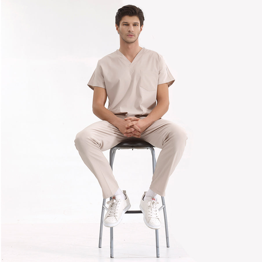 Krem Dr. Greys Doktor Hemşire Medikal Scrubs Takım Lüks Likralı Kumaş