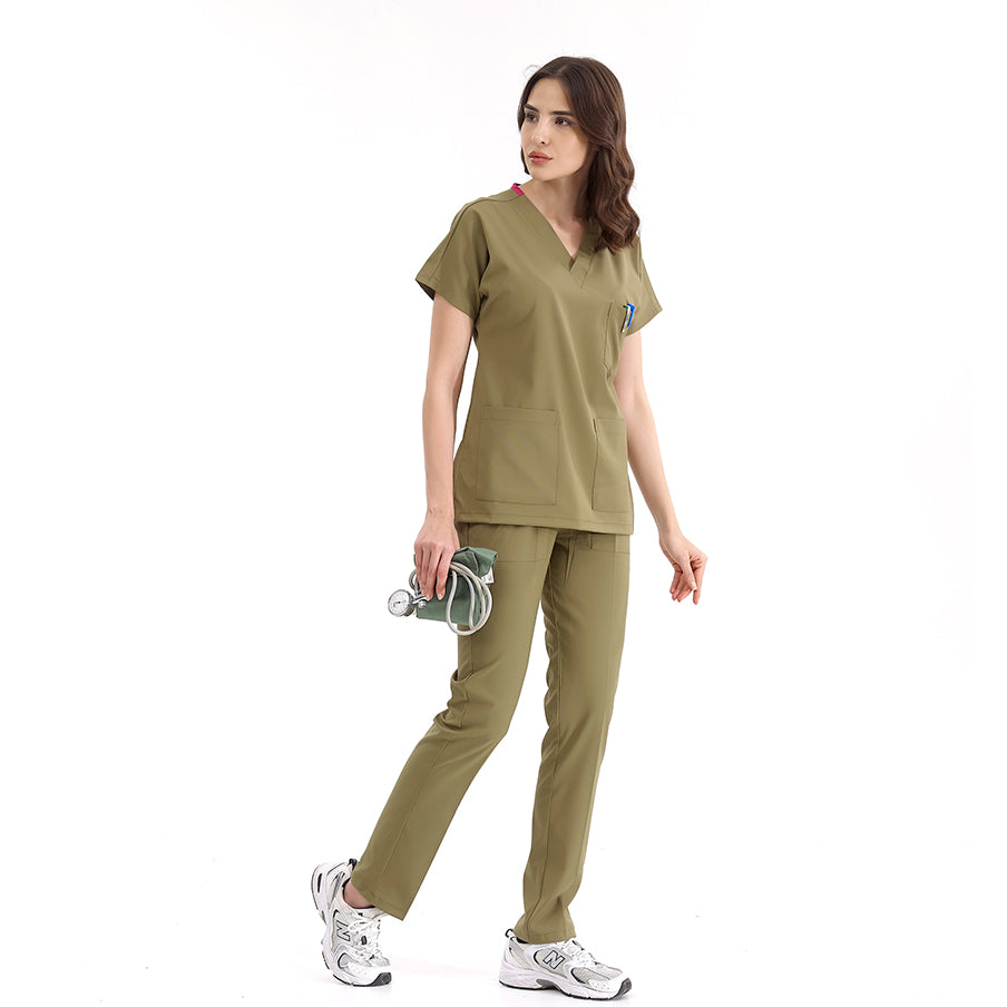 Haki Dr. Greys Doktor Hemşire Medikal Scrubs Takım Lüks Likralı Kumaş