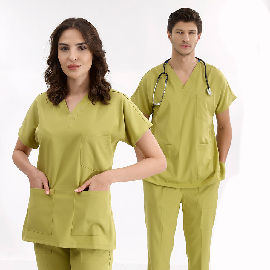Antep Fıstığı Dr. Greys Doktor Hemşire Medikal Scrubs Takım Lüks Likralı Kumaş