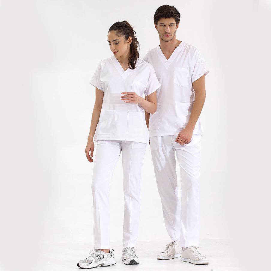 Beyaz Dr. Greys Doktor Hemşire Medikal Scrubs Takım Lüks Likralı Kumaş