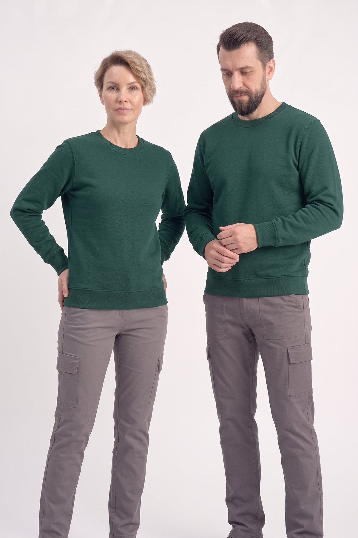Avcı Yeşili Yuvarlak Yaka İş Sweatshirt 3 İplik Şardonlu