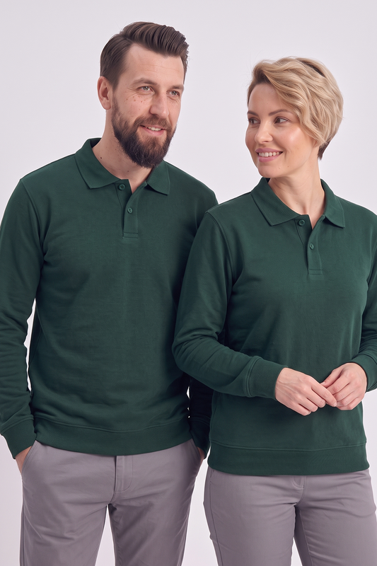 Avcı Yeşili Polo Yaka İş Sweatshirt 3 İplik Şardonlu