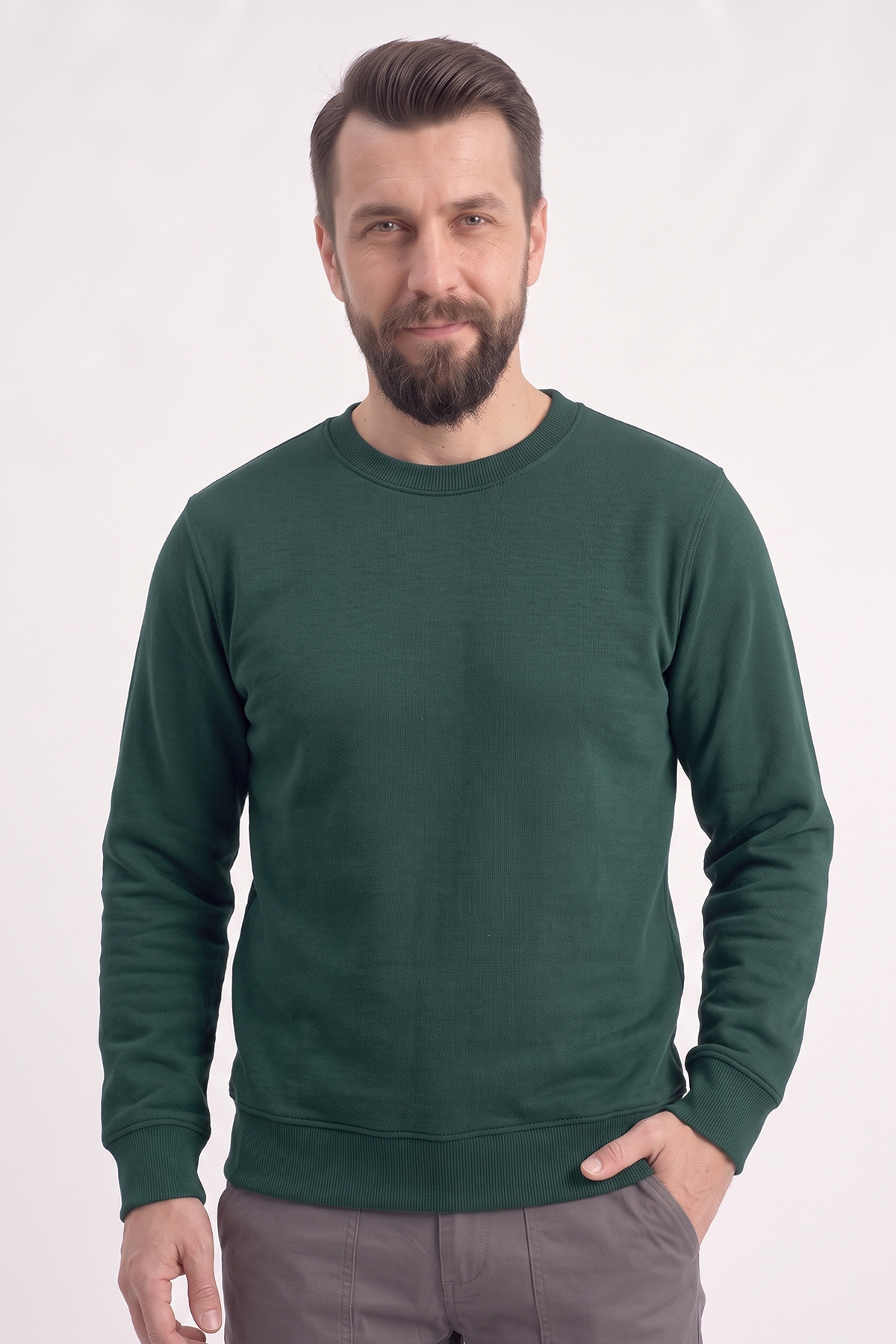 Avcı Yeşili Yuvarlak Yaka İş Sweatshirt 2 İplik